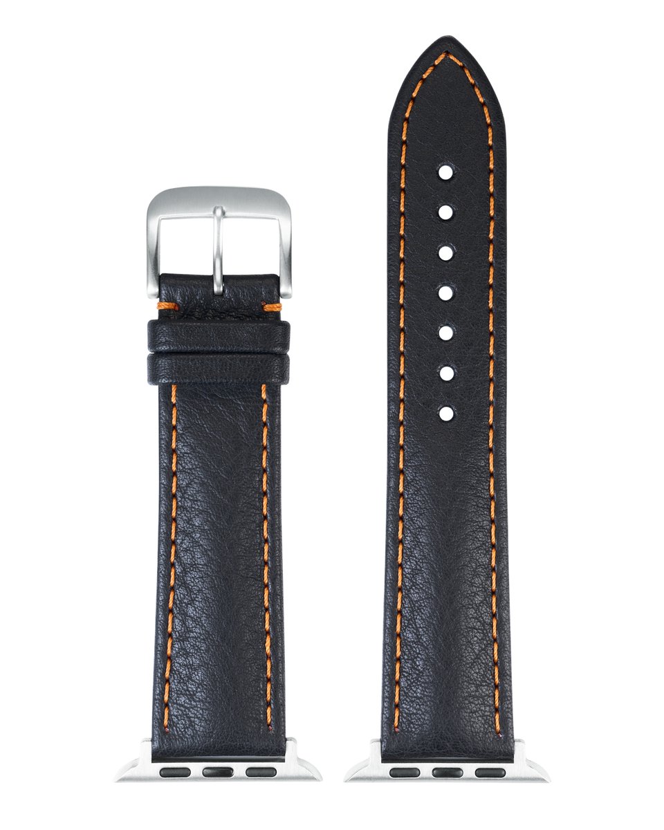 EULIT leer horlogeband geschikt voor Apple Watch 42/44/45/46 maat - Serie 1/2/3/4/5/6/7/8/9/10 + SE - imperator smart - 22 mm - zwart/oranje - edelmetaal gesp mat - incl. adapter