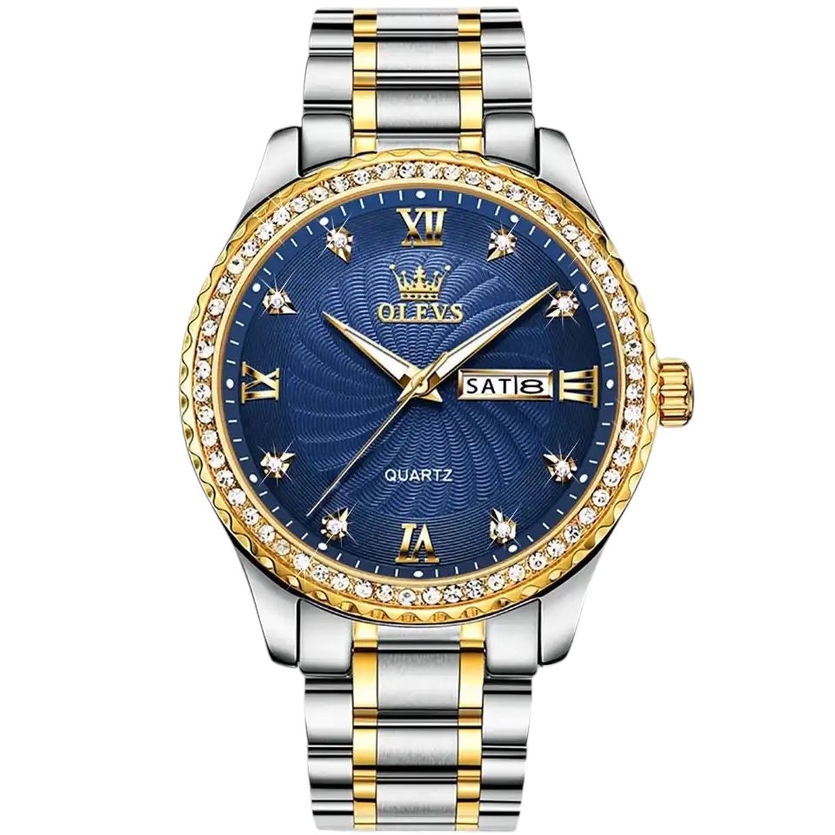 Olevs - Herenhorloge - Mannen - Diamonds - Zilveren Polsband - Zilver en Blauw - Horlogedoos