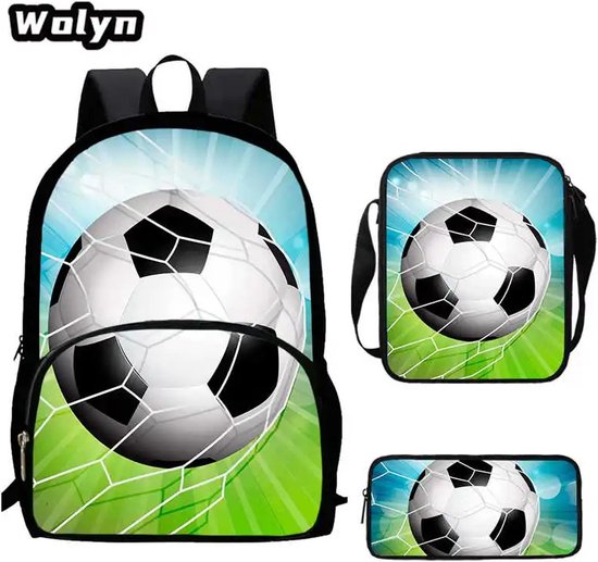 Foto: Set 3d voetbal rugzak lunchtas etui groen wit zwart blauw reflecterend extra veilig waterdicht schooltas back2 school waterbestendig laptop rugzak a4 grote veelzijdige rugzak droom cadeau unieke uv printtechnologie 3d effect voetbaltas