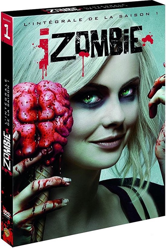 iZombie Seizoen 1 DVD box set met een zombie met bleke huid, groen met bloed, die een ijshoorntje met een hersenvormig dessert vasthoudt.