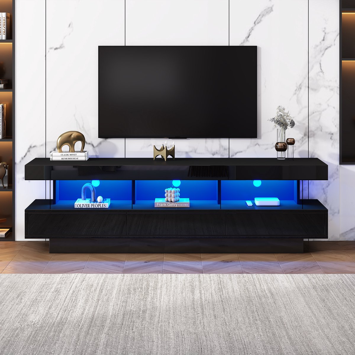 Sweiko Zwart Hoogglans TV Kast, 160x38x50.5cm, met 3-glazen Compartimenten, LED Verlichting, Toepassingscontrole, Bluetooth verbinding, geschikt voor 70-inch tv's, smart TV kast