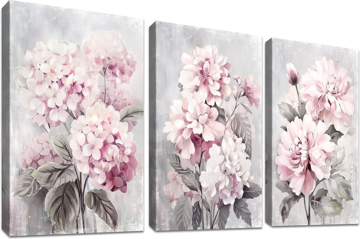Goodivery ® Moderne Canvas Wanddecoratie: Set van 3 Hydrangea en Pioenrozen Schilderijen voor Woonkamer en Slaapkamer