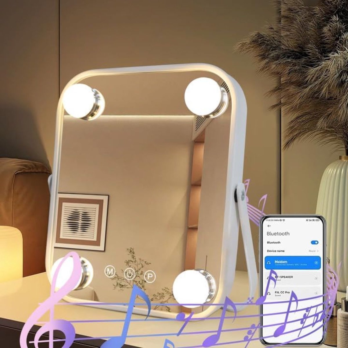 Goedkoopste Verlichte Make Up Spiegel met Bluetooth - Hollywood Make Up Spiegel met Verlichting - Spiegel met Bluetooth en Muziek - Oplaadpoort - Wit - 3 Lichtstanden