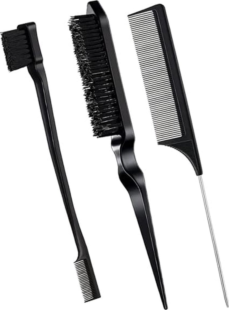 GEAR3000® edges brush - babyhaar - puntkam - wenkbrauwborstel - toupeerborstel - toupeerkam - 3-delig - zwart
