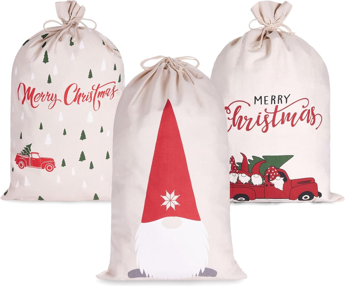 BRUBAKER Kerstzak Set van 3 stuks -80 cm Cadeauzak met Kerstmotieven - Kerstmanzak voor het Vullen en Inpakken van Cadeaus - Kerstdecoratiezak van Katoen
