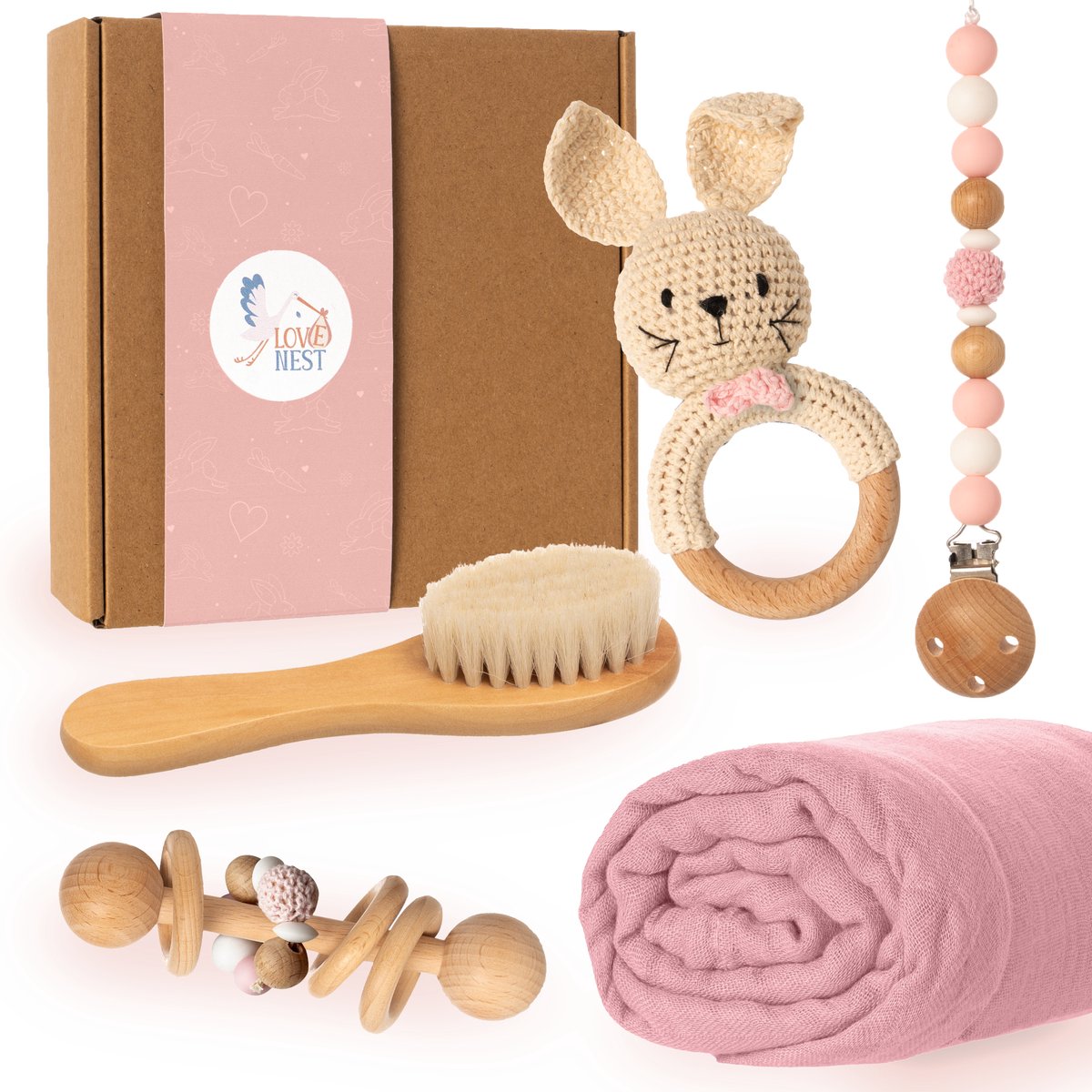 Goedkoopste Love Nest Kraamcadeau Jongen / Meisje - Baby Cadeau Babyshower - Baby Bijtring, Speenkoord en Knuffeldoekje - Kraammand met Kraamcadeautjes