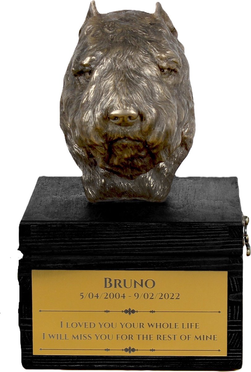 Bouvier des Flandres urn hond met gravure en hondensculptuur, handgemaakt