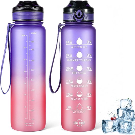 Roze Groen  1 Liter Sport Waterfles Lekvrije Gym Fitness Kan Met Tijdschaal Motiverend Drinken~p128845557