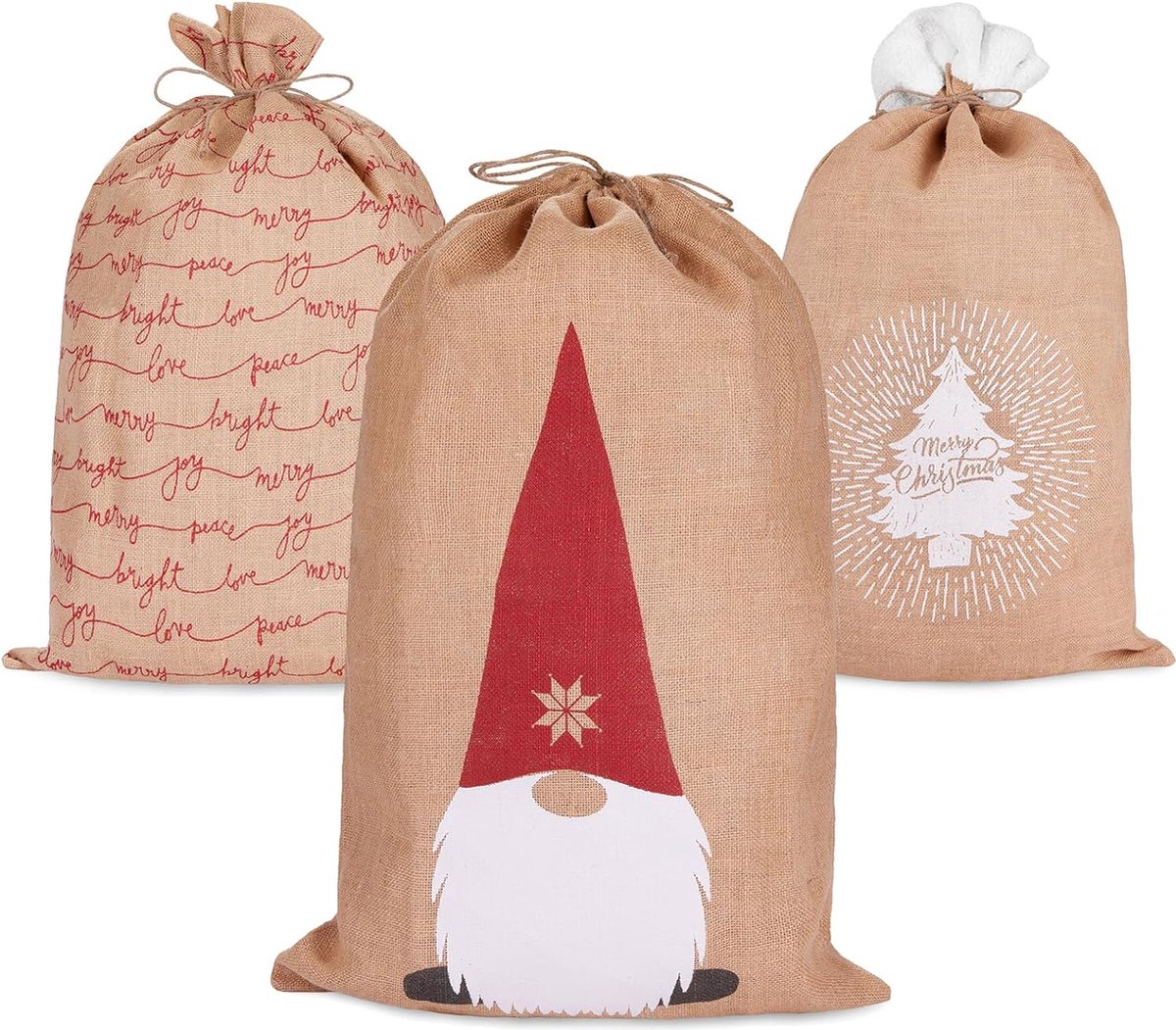 BRUBAKER Kerstzak Set van 3 stuks -80 cm Cadeauzak met Kerstmotieven - Kerstmanzak voor het Vullen en Inpakken van Cadeaus - Kerstdecoratiezak van Jute