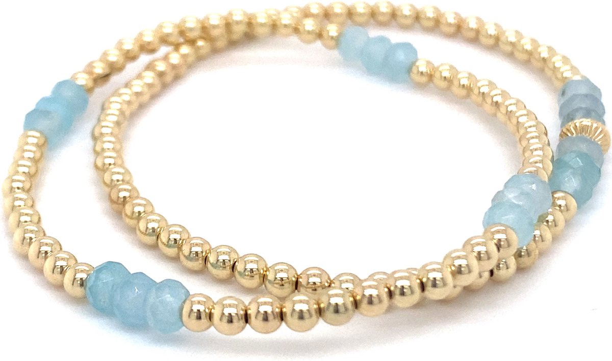 Pat's Jewels Armband Dames - Elastiek Armband - Gouden Bolletjes - Jade - Blauw - Set