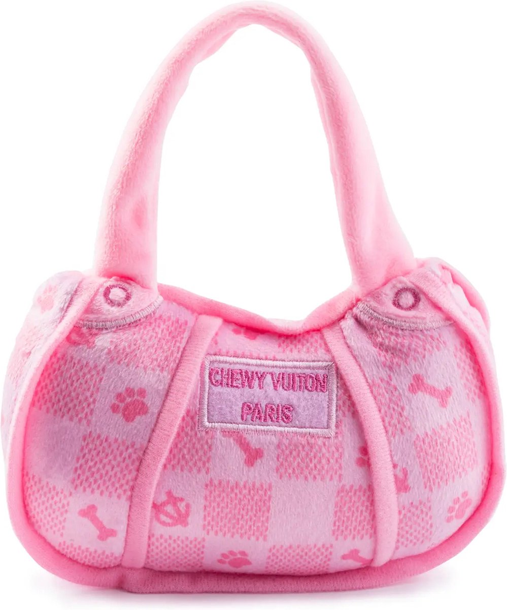 Pink Chewy Vuiton handtas met ruitjesprint hondenspeeltje S