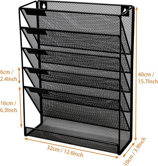 SUPTIDY Wandmap, 13 verdiepingen, wandordnerhouder met haken, net-hangmappenorganizer, post-organizer voor wandmontage voor papieren, mappen, zwart