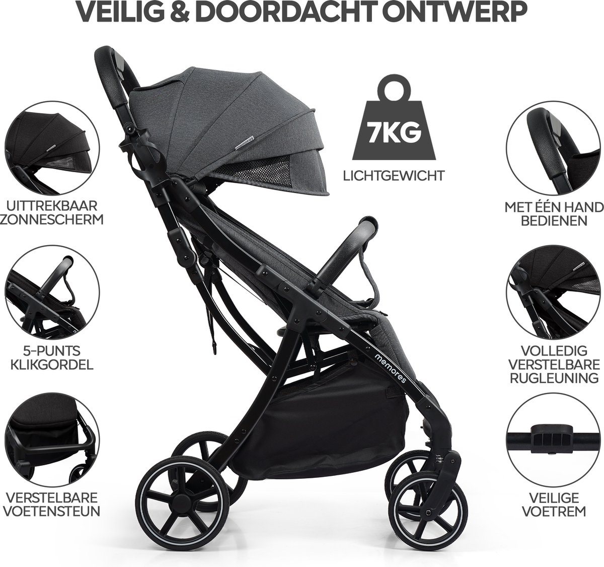 Memores Plooibuggy Grijs- Buggy Inklapbaar Inclusief Regenhoes en Bekerhouder - Peuter - Extra licht & Compact voor Vliegtuig, Auto & OV - Extra Veilig en Wendbaar door Grote Massieve Wielen - Tot 4 jaar - Kinderwagens - Wandelwagen - M1 – foto 6