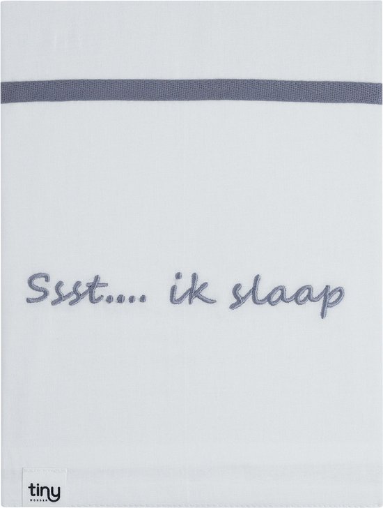 Tiny Wonder Wieg Laken Wit Met Grijze tekst Ssst ik slaap 100% Geweven Katoen 80x100cm