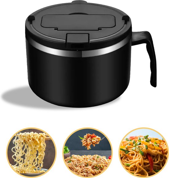 Bol à ramen noir avec poignée, isolé sur fond blanc. Trois cercles montrent des gros plans de différents types de nouilles.