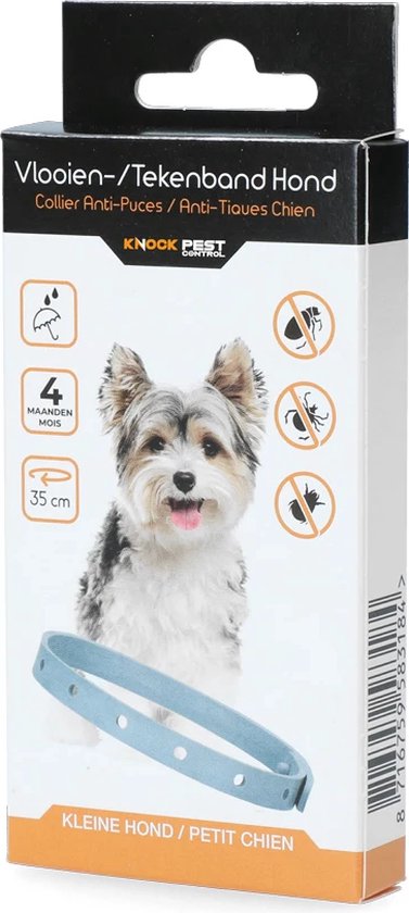 Knock Off Vlooien-tekenband – 100% Natuurlijke vlooienbestrijding - Zonder schadelijke pesticiden of gif – Effectief tot 4 maanden – Nederlands- en Franstalige handleiding – Regen- en waterbestendig - Geschikt voor kleine honden – 35 cm