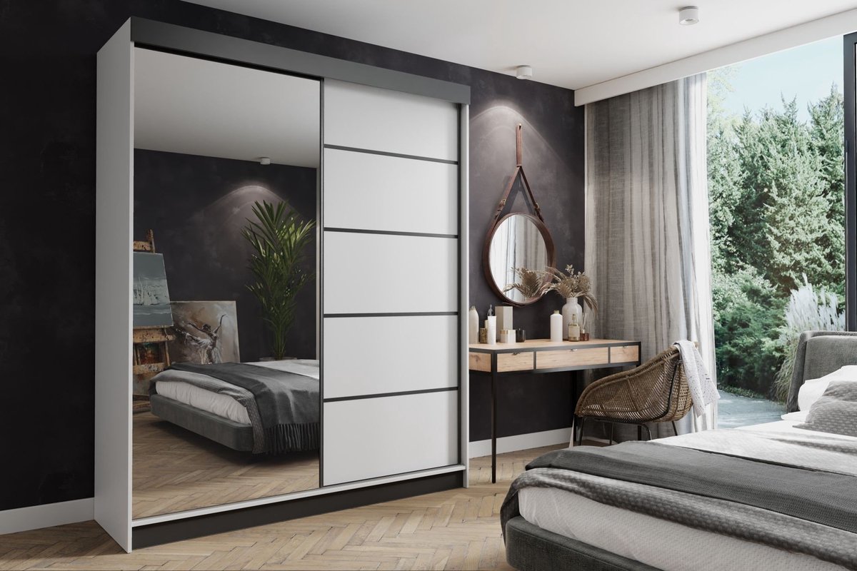Kledingkast-Opbergkast-Spiegel-Kledingkasten Slaapkamer-Kleding Kast-Roedestang-Legplanken-Schuifdeurkast-Amo Wit Zwart 150 cm