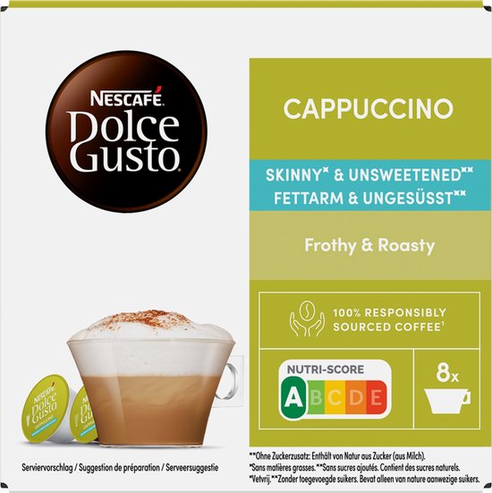 Voorkant Nescafé Dolce Gusto Cappuccino Skinny & Unsweetened verpakking met Nutri-Score A en cappuccino afbeelding.