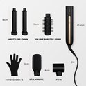 MAE® airstyler accessoires: 2 airstylers (30mm), volume borstel (55mm), styling borstel, föhn en handschoen. Afmetingen zijn aangegeven.