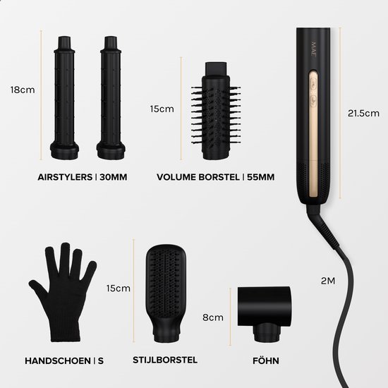 MAE® airstyler accessoires: 2 airstylers (30mm), volume borstel (55mm), styling borstel, föhn en handschoen. Afmetingen zijn aangegeven.