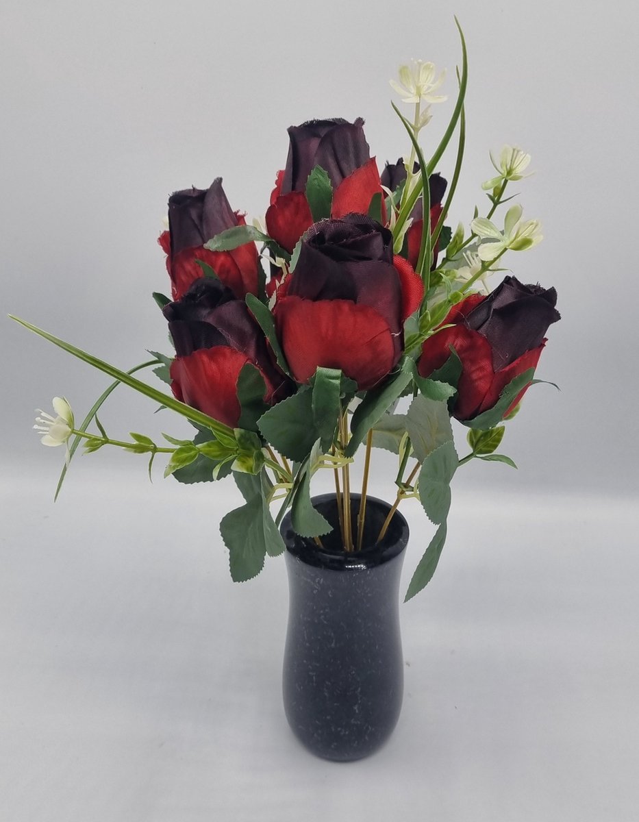 Boeket - Roos - U958-m3 - 34cm - Donker Rood - 7 bloemen - Grafdecoratie - Zijdenbloemen - Kunstbloemen