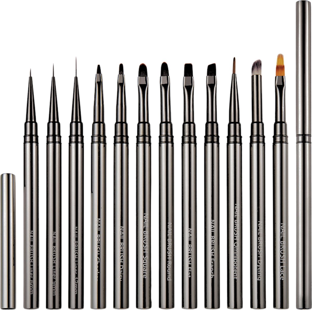 Goedkoopste YUBBI Professionele Nail Art Penselen met Dop - 12 Delig - Nagellak Acryl Penselen - Fineliner Penseel - Gellak Penselen - Nail Brush - Metallic Grijs