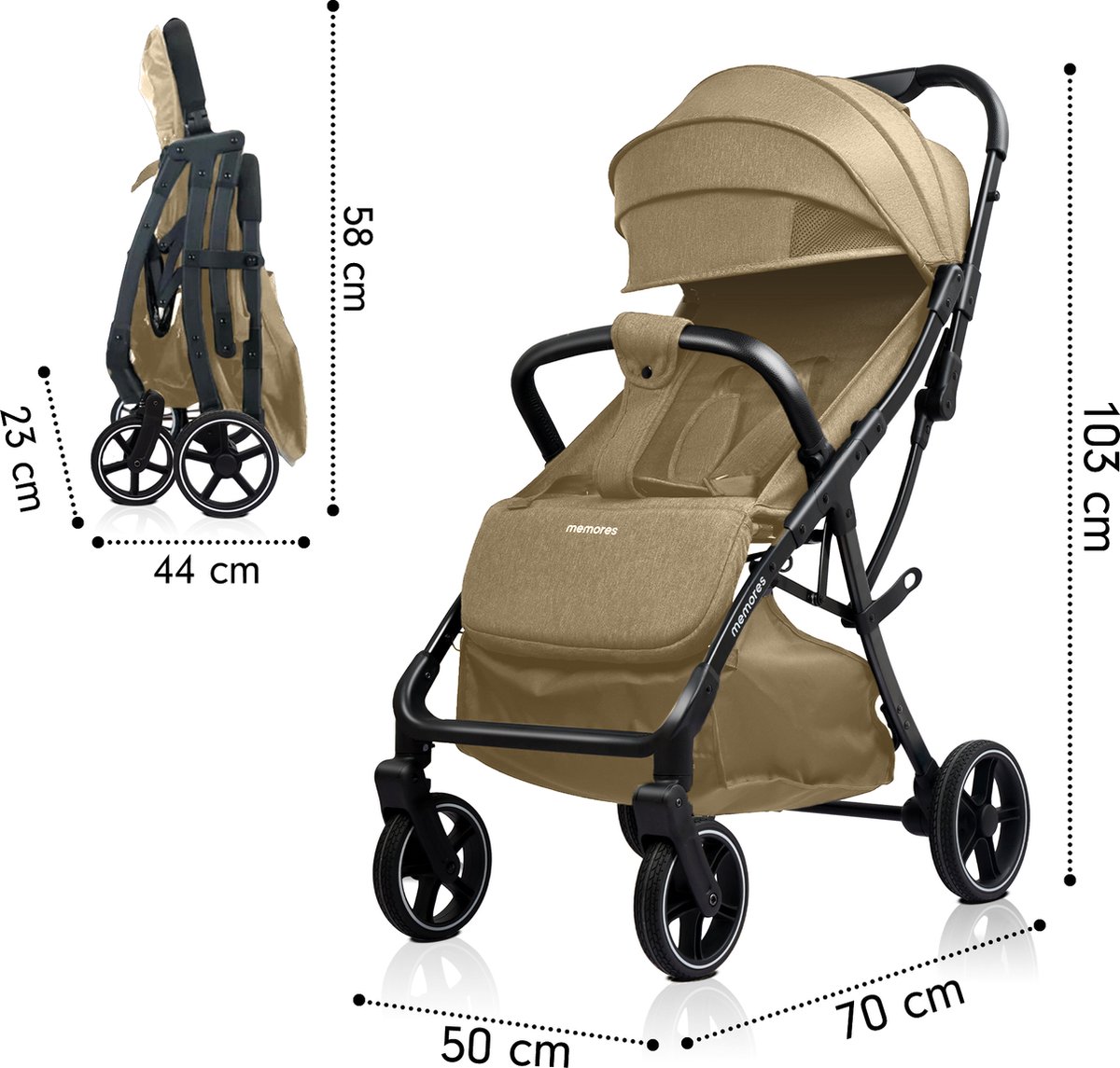 Memores Plooibuggy Khaki- Buggy Inklapbaar Inclusief Regenhoes en Bekerhouder - Peuter - Extra licht & Compact voor Vliegtuig, Auto & OV - Extra Veilig en Wendbaar door Grote Massieve Wielen - Tot 4 jaar - Kinderwagens - Wandelwagen - M1 – foto 8