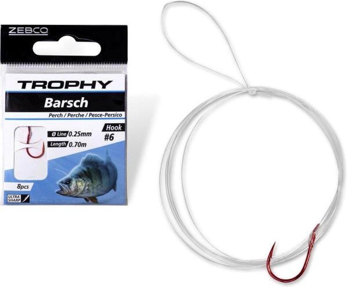 Zebco Trophy Perch Hook-to-Nylon 70cm (8 pcs) Hook Red - Maat : 10