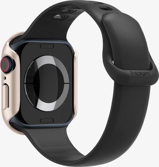 Starlightkleurig horloge met zwart bandje en Spigen logo.