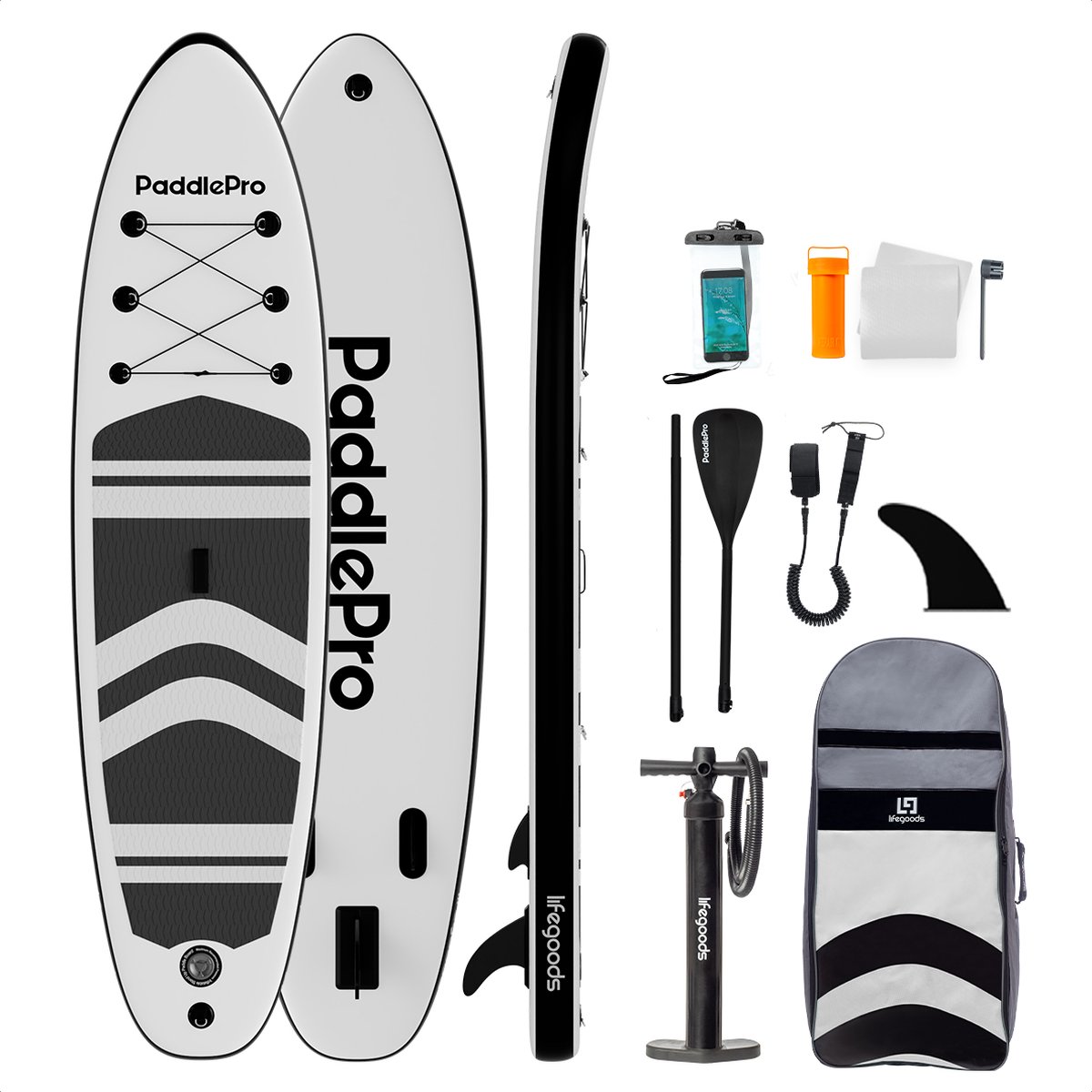 LifeGoods PaddlePro SUP Board - Opblaasbaar Paddle Board - Complete Set - Max. 150KG - 320x81cm - Wit/Zwart