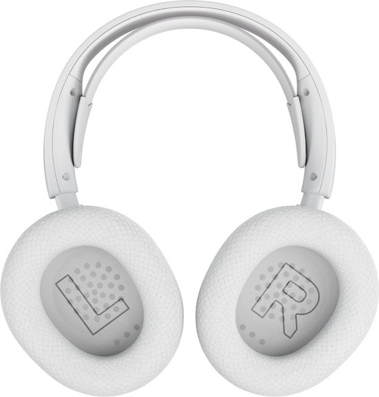 Bovenaanzicht van een witte gaming headset, met op de oorkussens de letters 'L' en 'R'.