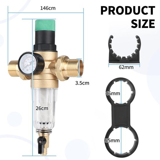 NICEWAT Drukregelaar water 1/2 inch DN15 met manometer, instelbare waterdrukregelaar, gemaakt van hoge hardheid messing, waterdrukregelaar voor wateroverdrukventiel