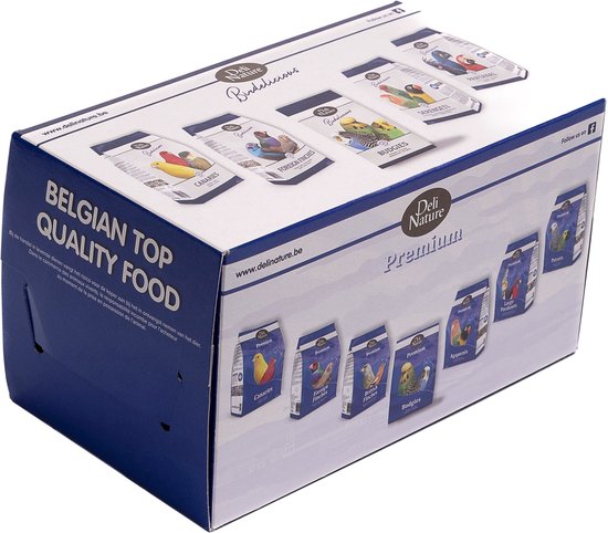 Deli Nature verpakking met afbeeldingen van vogelvoer zakjes, met teksten als 'BELGIAN TOP QUALITY FOOD' en productnamen.