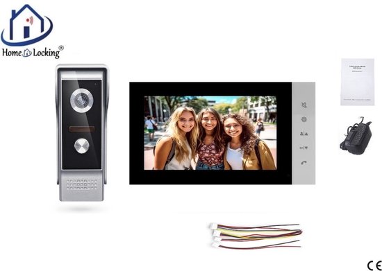 Complete deurbelset met zilveren camera, zwart 7-inch scherm, kabels en handleiding.