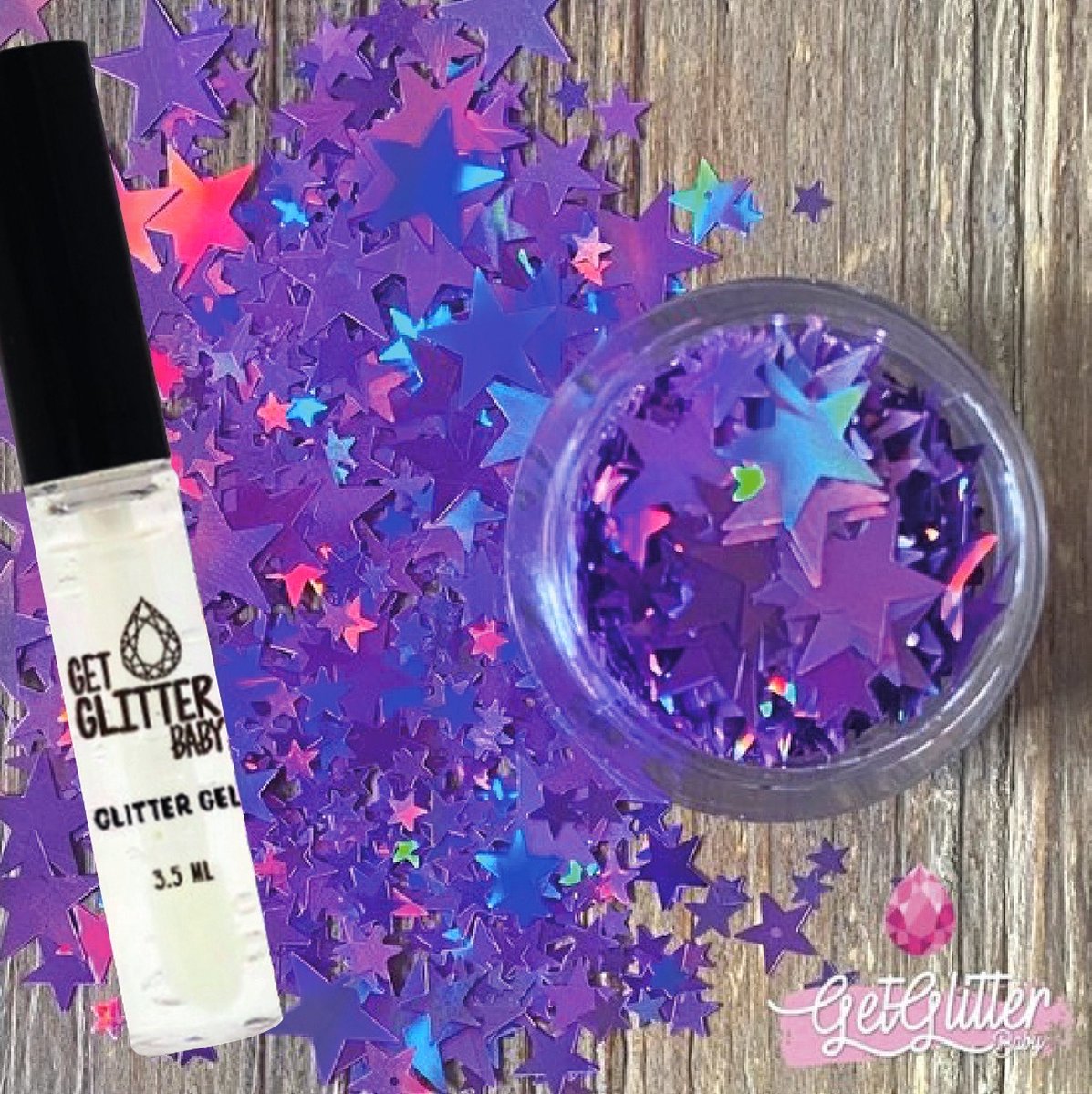 GetGlitterBaby® - Paarse Sterren Chunky Festival Glitters Sterretjes voor Lichaam en Gezicht Gel Glitterlijm Huid lijm / Biodegradable Bio Vegan Biologische Face Body Glitter Jewels - Paars Purple + Glittergel Huidlijm