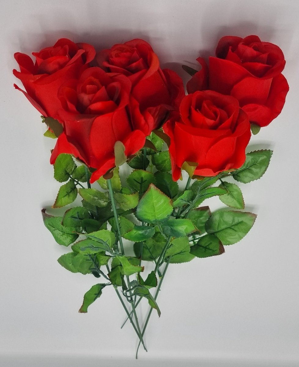 Roos - R1 - 50cm - Rood - 5 bloemen - Grafdecoratie - Zijdenbloemen - Kunstbloemen