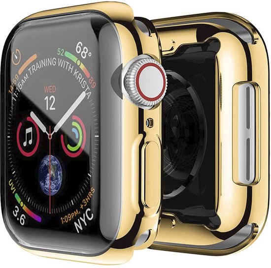 Gouden hoesje voor Apple Watch met glazen schermprotector.