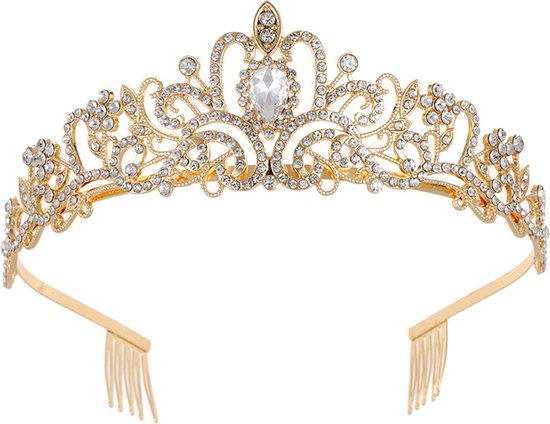 Luxe Tiara - Diadeem - Kroon - Haarsieraad - Goudkleurig & Wit