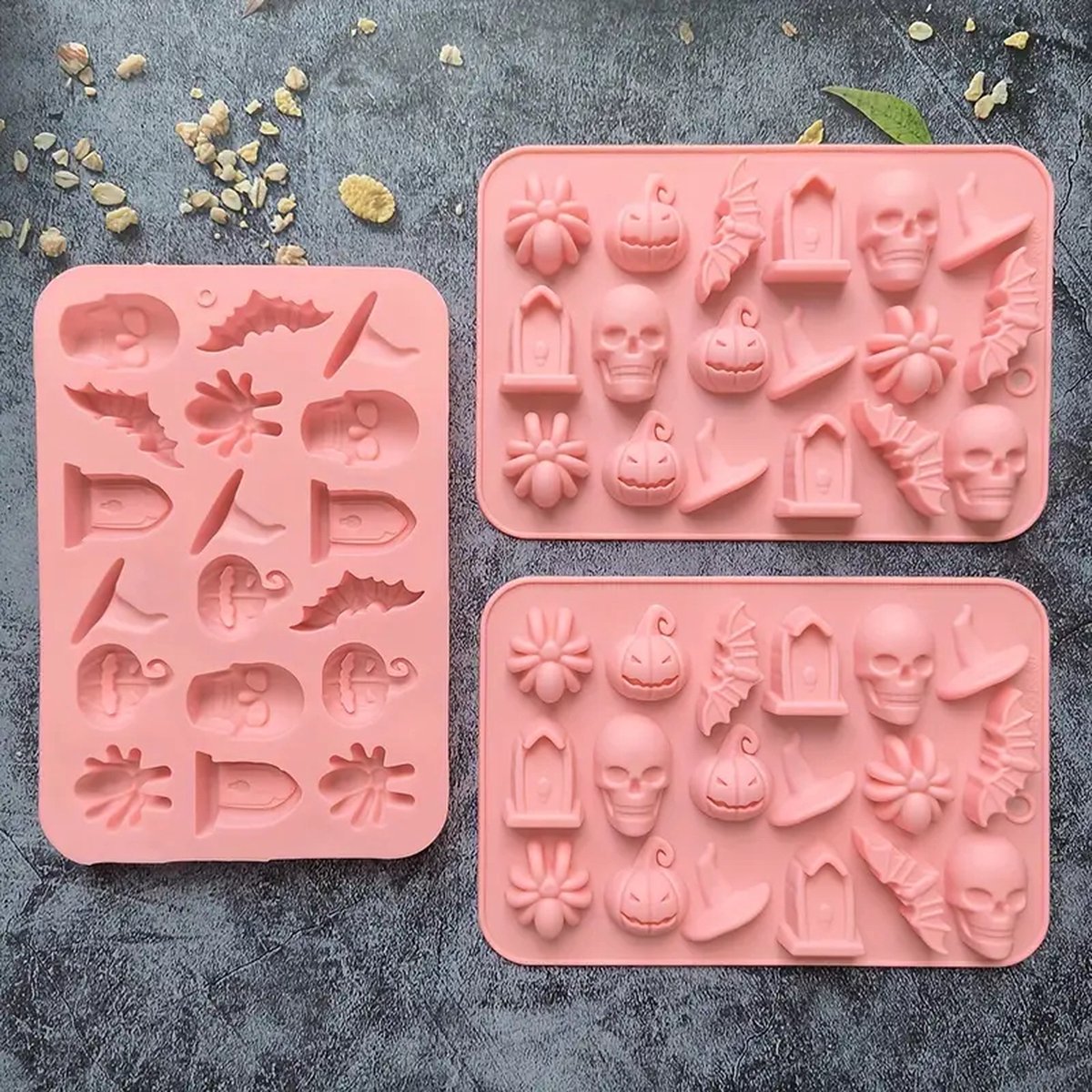 MGM Trading - 3 stuks Halloween Silikon Bakvormen Set - Pompoen, Grafsteen, Spinnenweb, Skelet, Heksenhoed Vormen voor Chocolade, Snoep, Koekjes en Cake DIY Craften