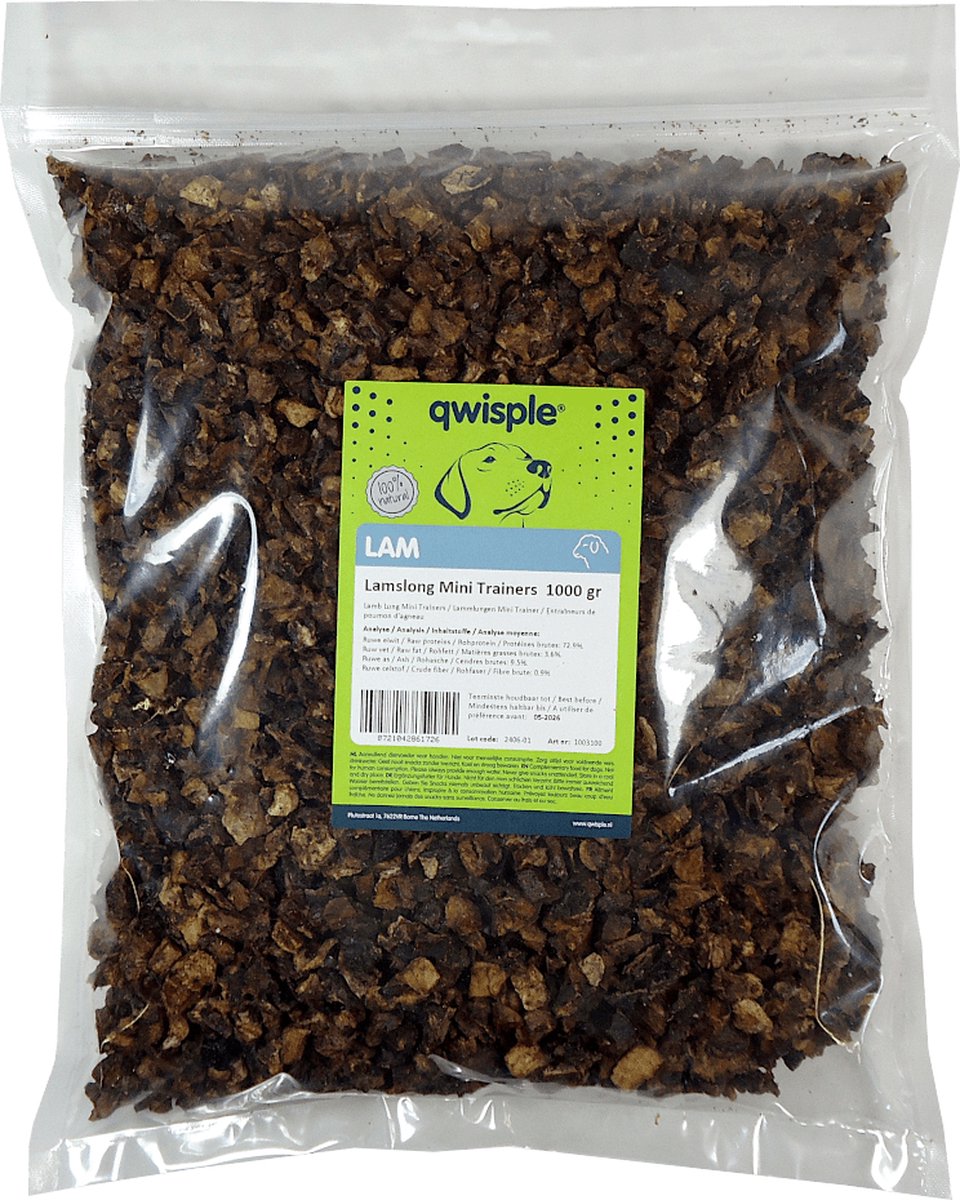 Qwisple Lamslong Mini Trainers - 100% Natuurlijk Gedroogde Honden Trainingssnoepjes - 1000 gr