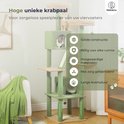 Hoge, unieke krabpaal in mosgroene kleur met twee zitjes, een hangmat en speelgoed.