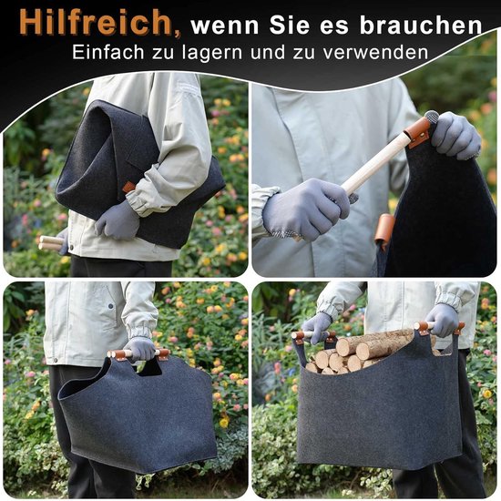 FINEW Houten mand voor haardhout, 96 liter, met handschoenen, 60 x 40 x 40 cm, grote vilten mand voor het opbergen van brandhout, kranten, hout