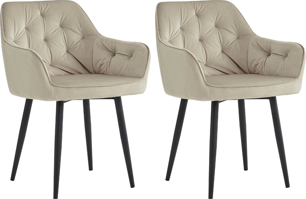 Colenis® - Iris Eetkamerstoel - Beige - Set Van 2 - Fluweel - Velvet - Design - Met armleuning