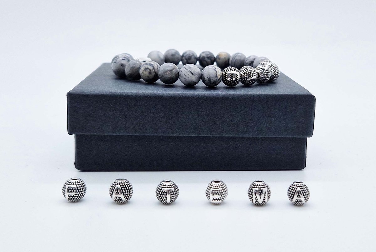 Handgemaakte Natuurstenen armband met metaal naam "Map Jaspe" - Met je naam of de naam van uw geliefde- 8 mm diameter van de korrel- Diameter armband 20 cm - Een mooi cadeau voor familie en vrienden
