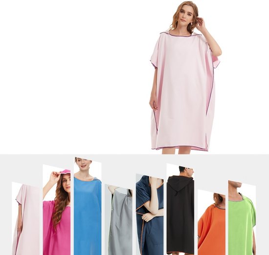Une femme en poncho rose. Collègues en ponchos rose, fuchsia, bleu, gris, bleu foncé, noir, orange et vert.