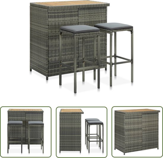 The Living Store Ensemble de bar - Grijs - Rotin PE/acier/bois d'acacia massif - 102x60x105cm - Incl - coussins