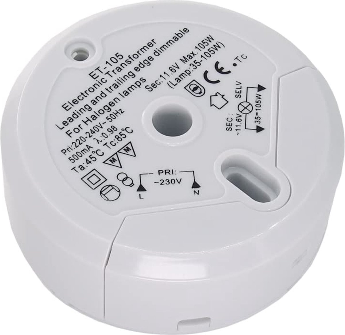Ronde halogeen transformator 12 Volt. - 35 tot 105 Watt