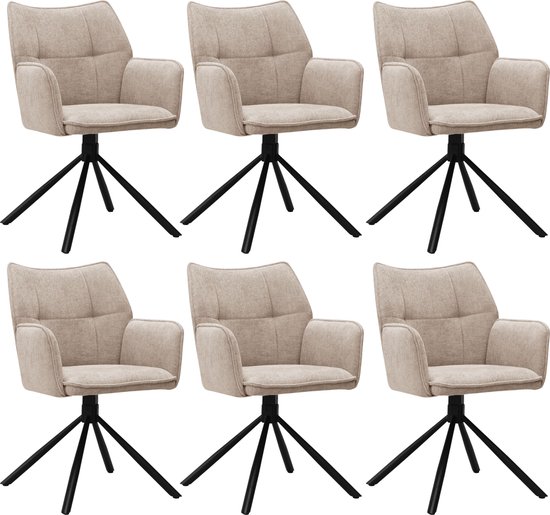 Colenis® - Chaises de salle à manger Enzo - Set de 6 - Taupe - Tissu en lin - Siège rembourré de Luxe - Design industriel - Pieds en métal - Chaise