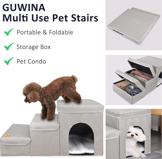 GUWINA Hondentrap, 3 treden, huisdiertrap opvouwbaar, voor bank en bed, afneembare dierentrap, inklapbaar met opbergdoos, multifunctionele huisdierladder voor kleine honden en katten, blauw