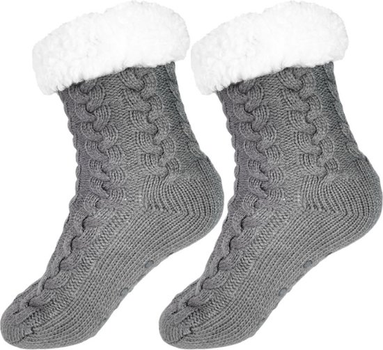 Huissokken Dames - Anti Slip Sokken - Fleece Sokken - Dikke Sokken - Fluffy Sokken - Slofsokken - Warme Sokken - Bedsokken - Gevoerde Sokken - Winter Sokken - Anti-slip - Grijs - SEVEND®